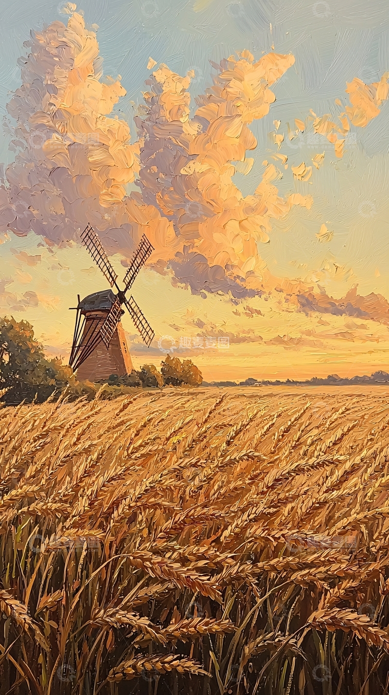 高清大图下载【趣麦麦图】金色麦田与风车的黄昏