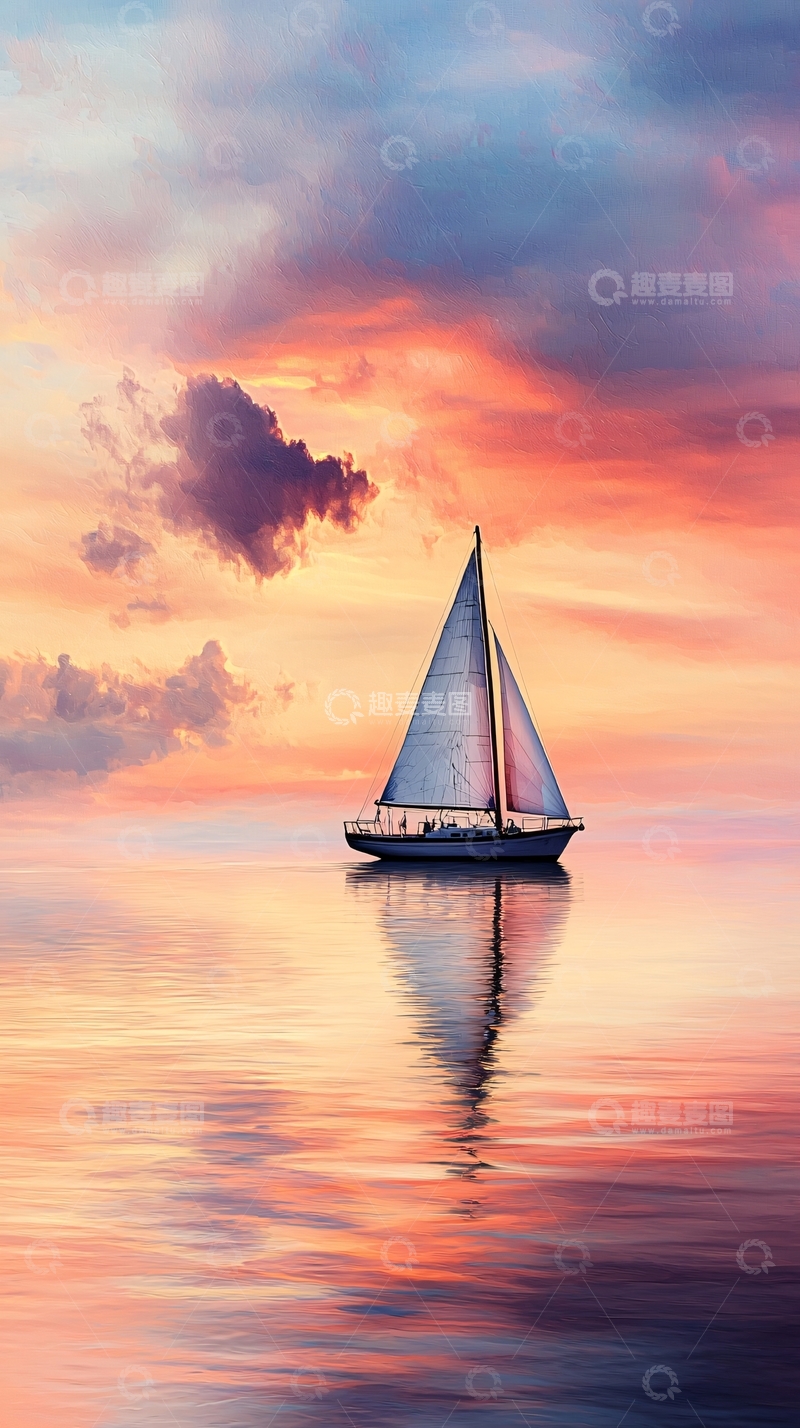 高清大图下载【趣麦麦图】-日落海上的帆船