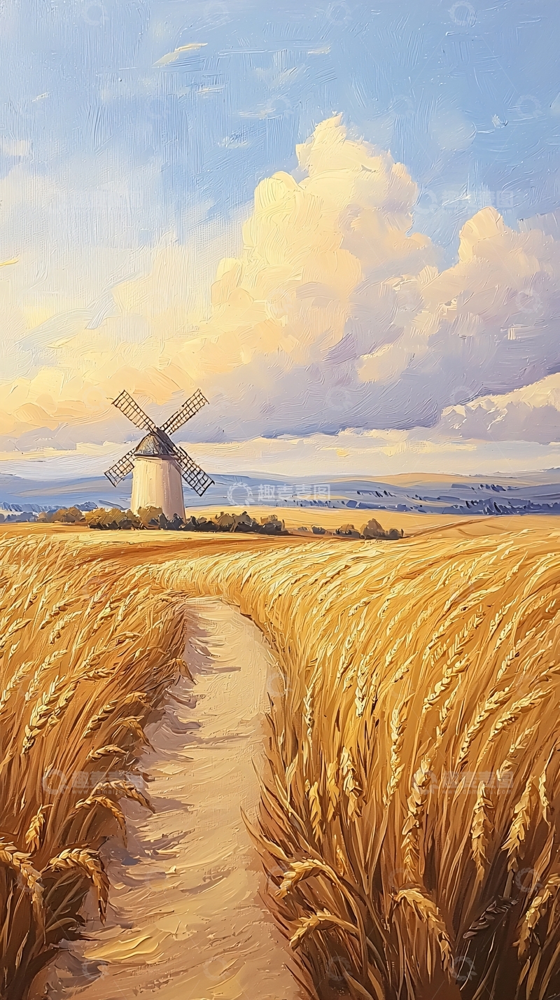 高清大图下载【趣麦麦图】金色麦田与风车的田园风光