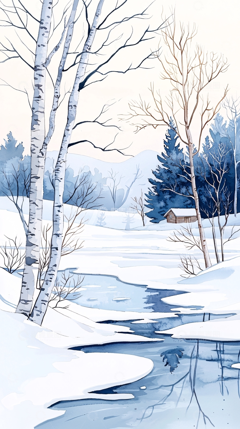 高清大图下载【趣麦麦图】冬日雪景小屋潺潺流水