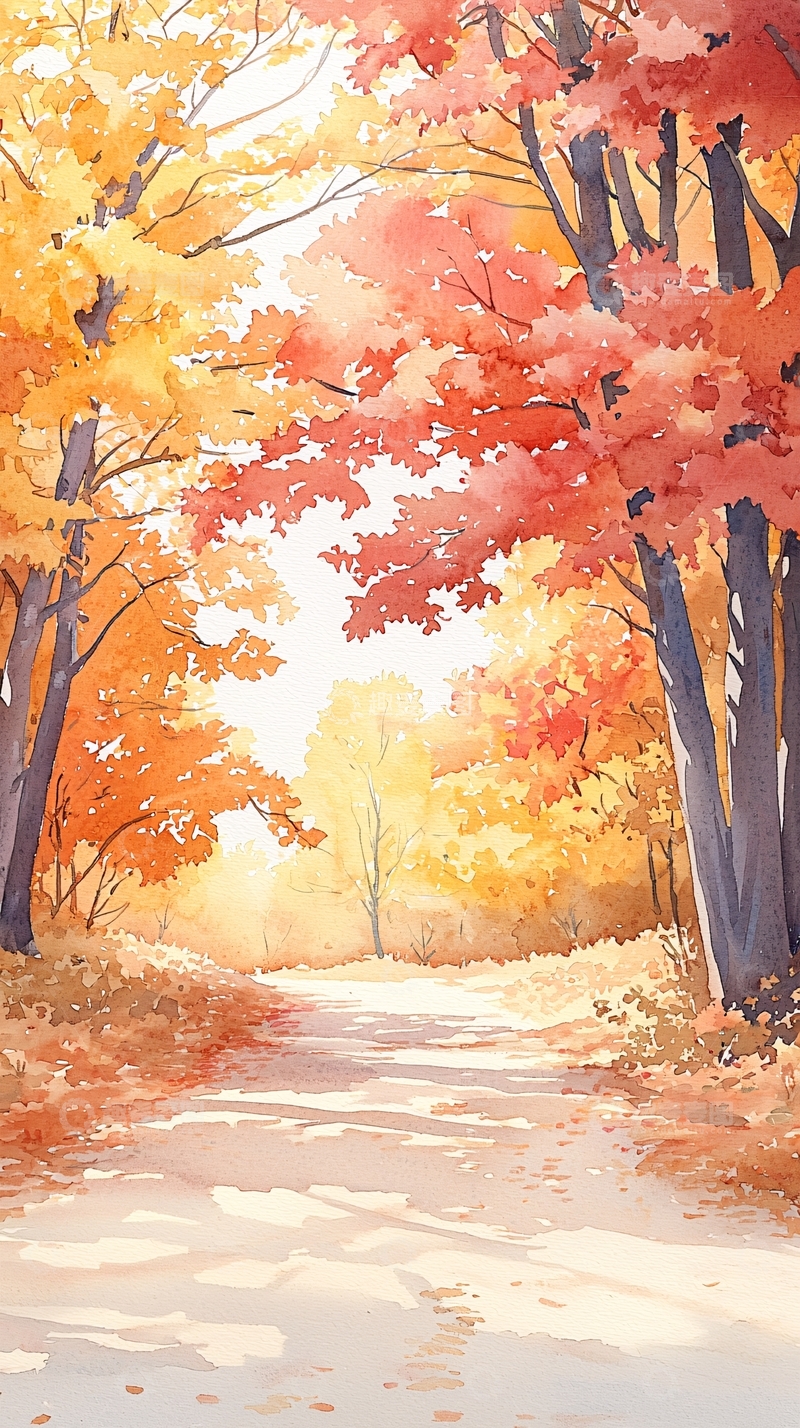 高清大图下载【趣麦麦图】秋日森林小径水彩画