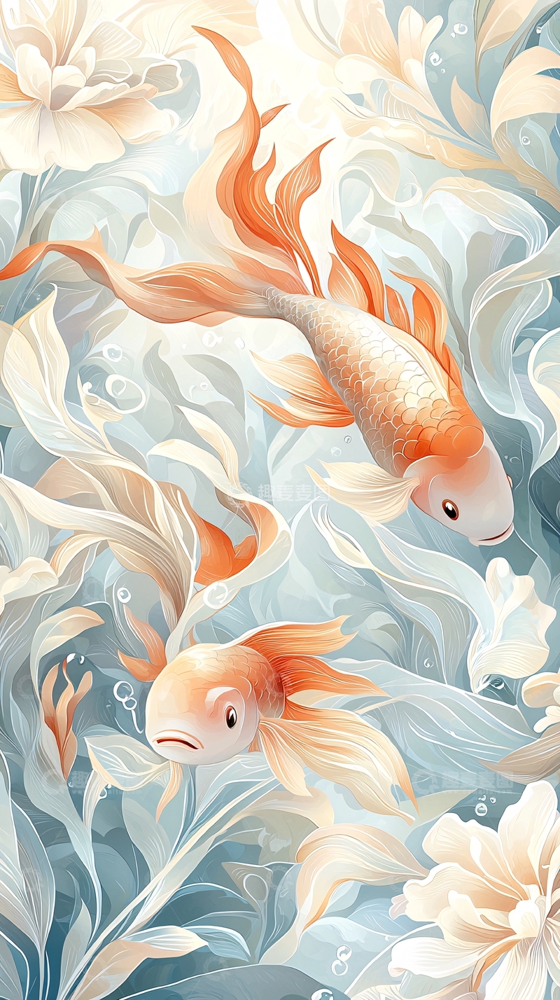 高清大图下载【趣麦麦图】金鱼与水生植物插画背景