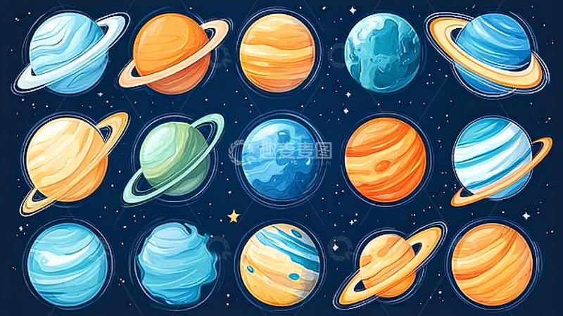 高清大图下载【趣麦麦图】卡通风格太阳系行星集合图