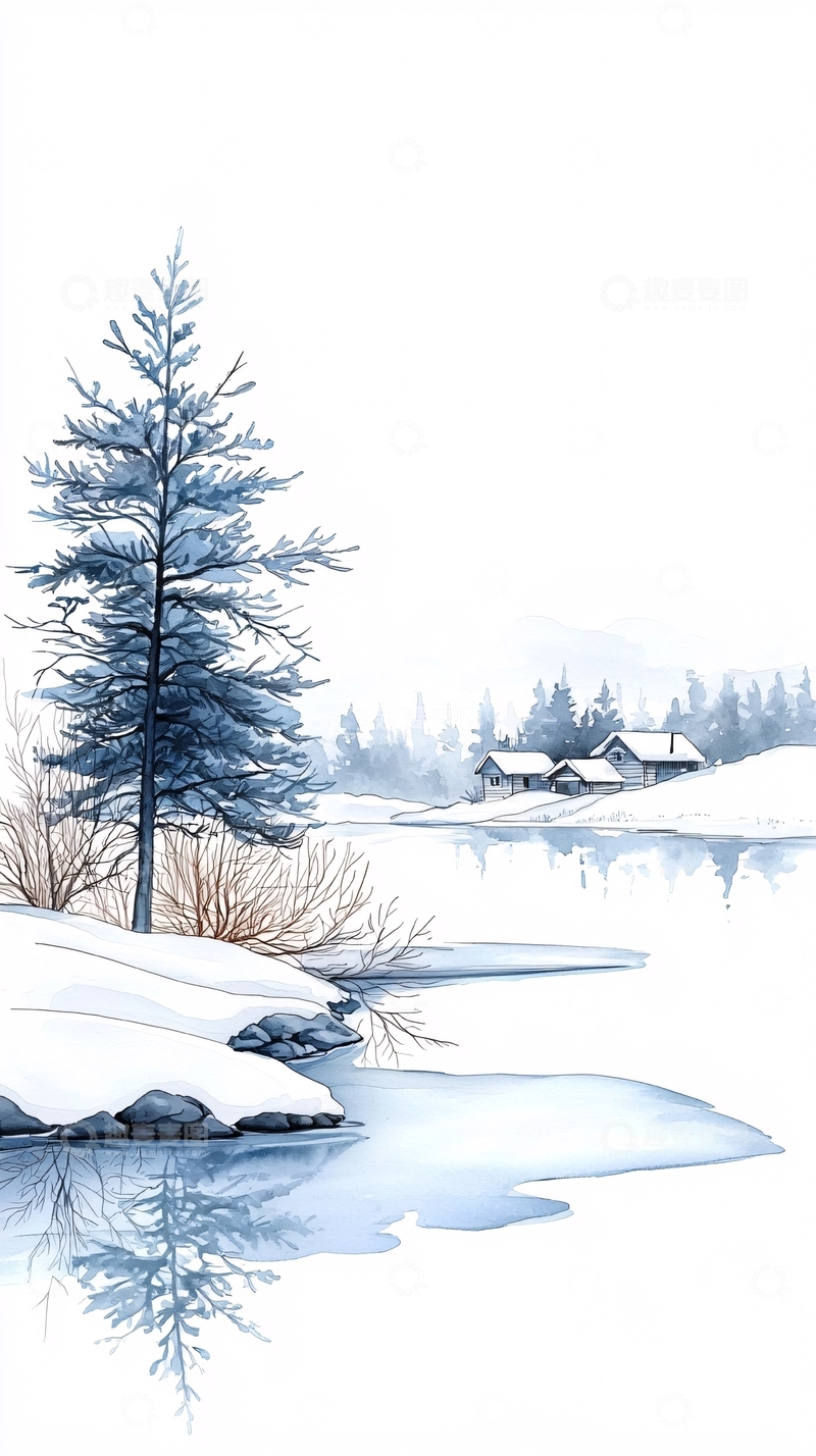 高清大图下载【趣麦麦图】冬日雪景小屋插画