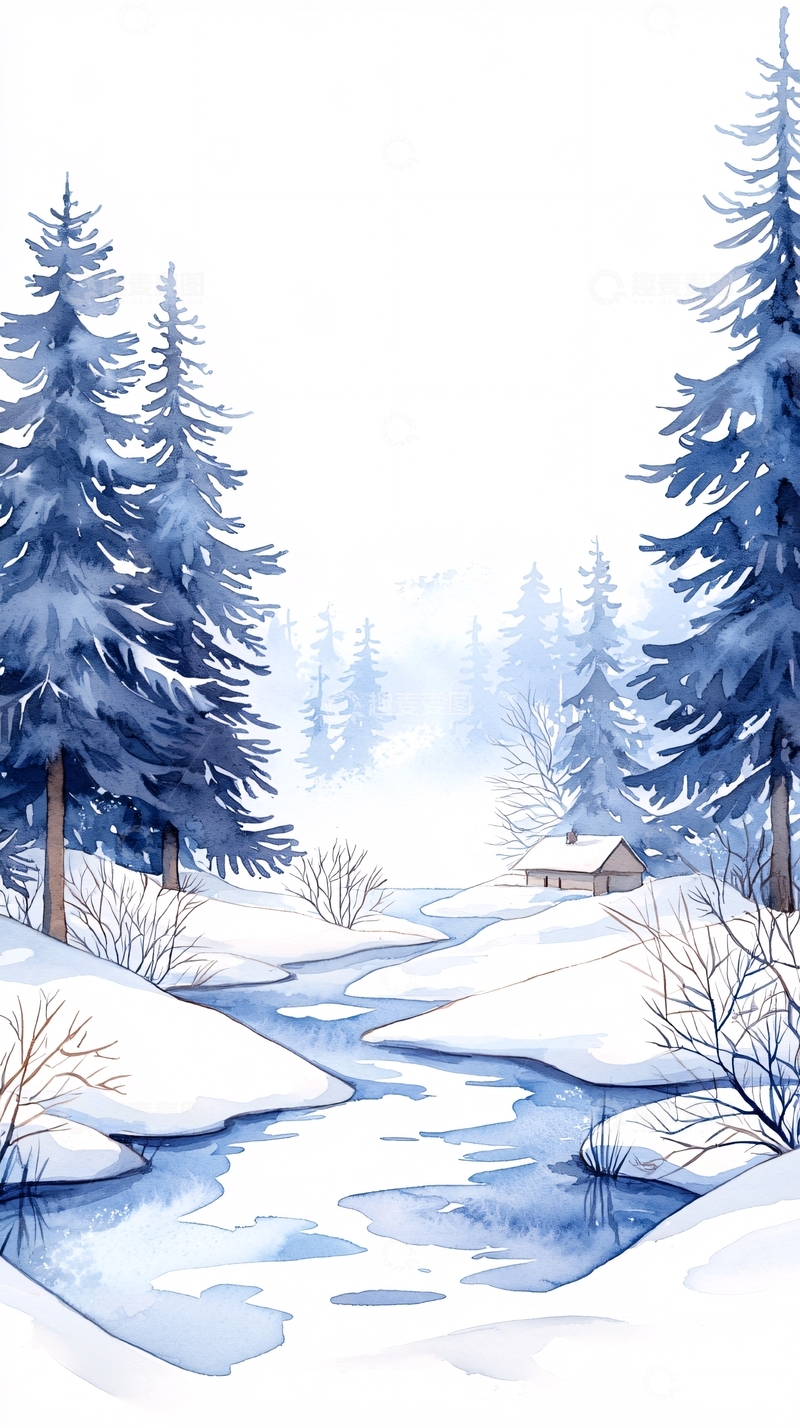 高清大图下载【趣麦麦图】冬日雪景小屋潺潺流水