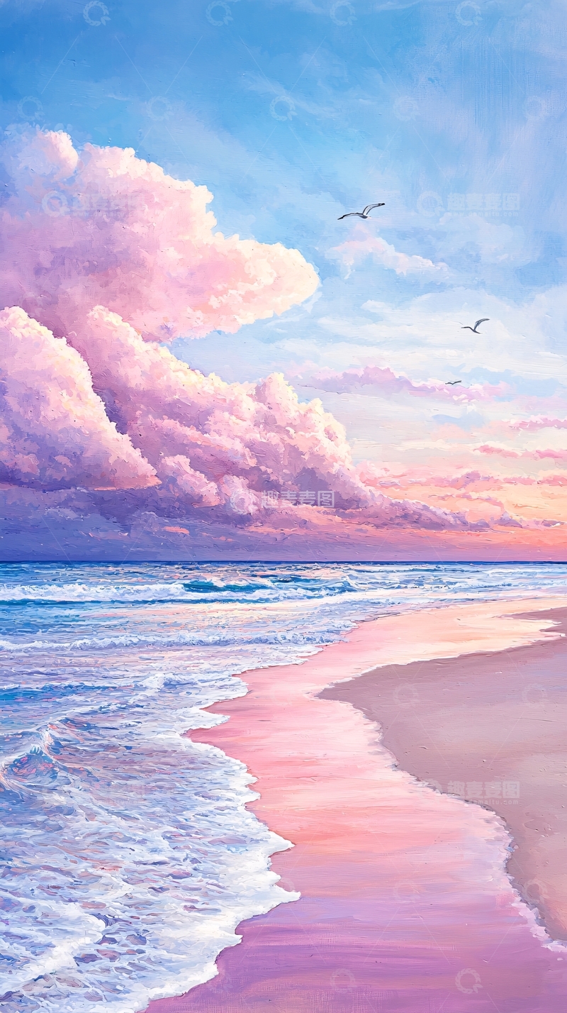 高清大图下载【趣麦麦图】粉色沙滩与海浪的梦幻场景