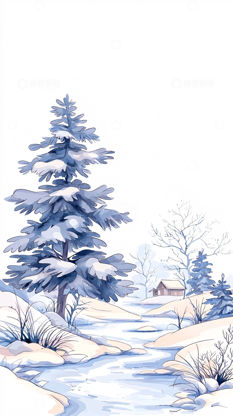 高清大图下载【趣麦麦图】冬日雪景松树小屋