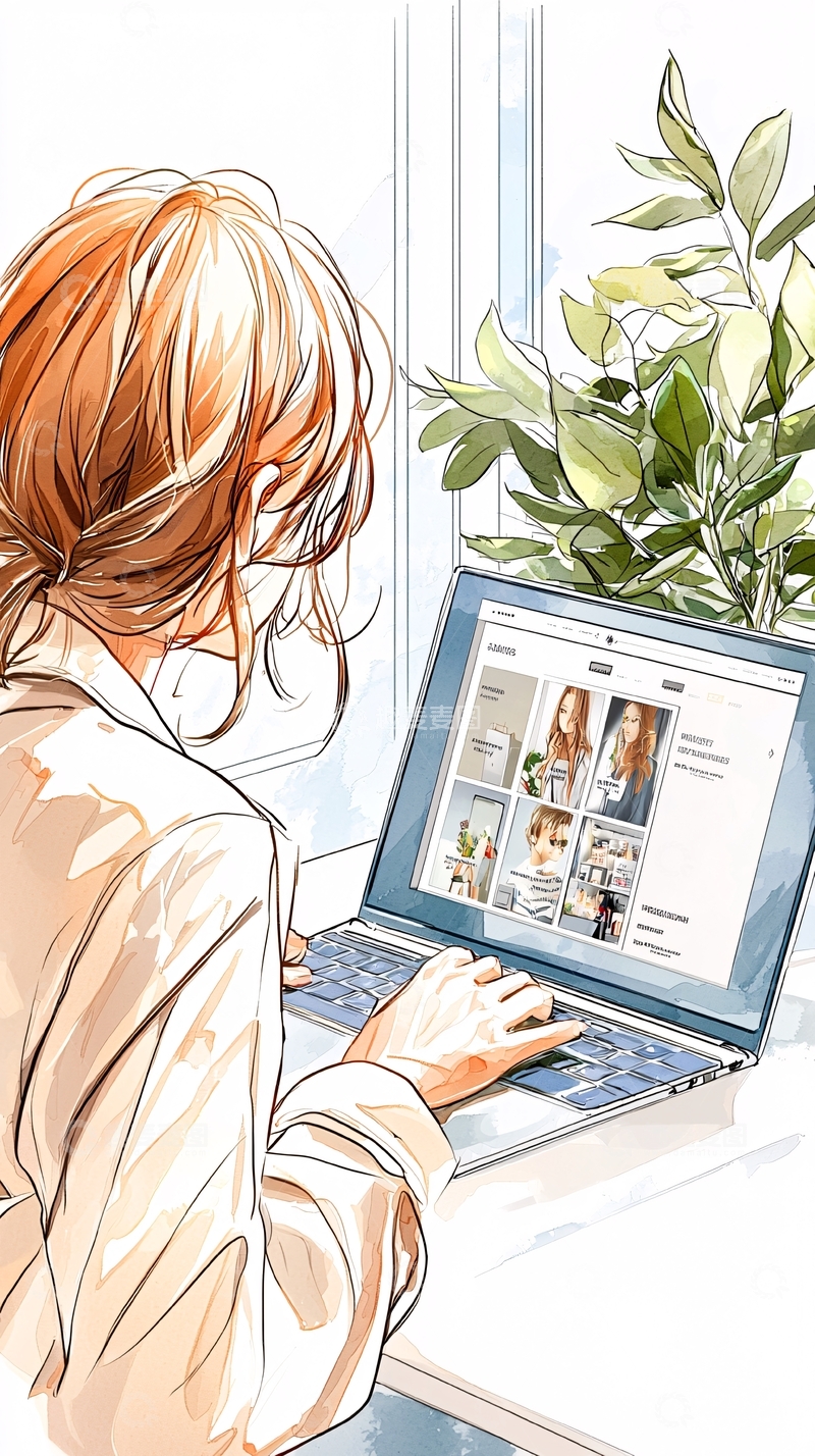 高清大图下载【趣麦麦图】阳光窗边的笔记本电脑女孩