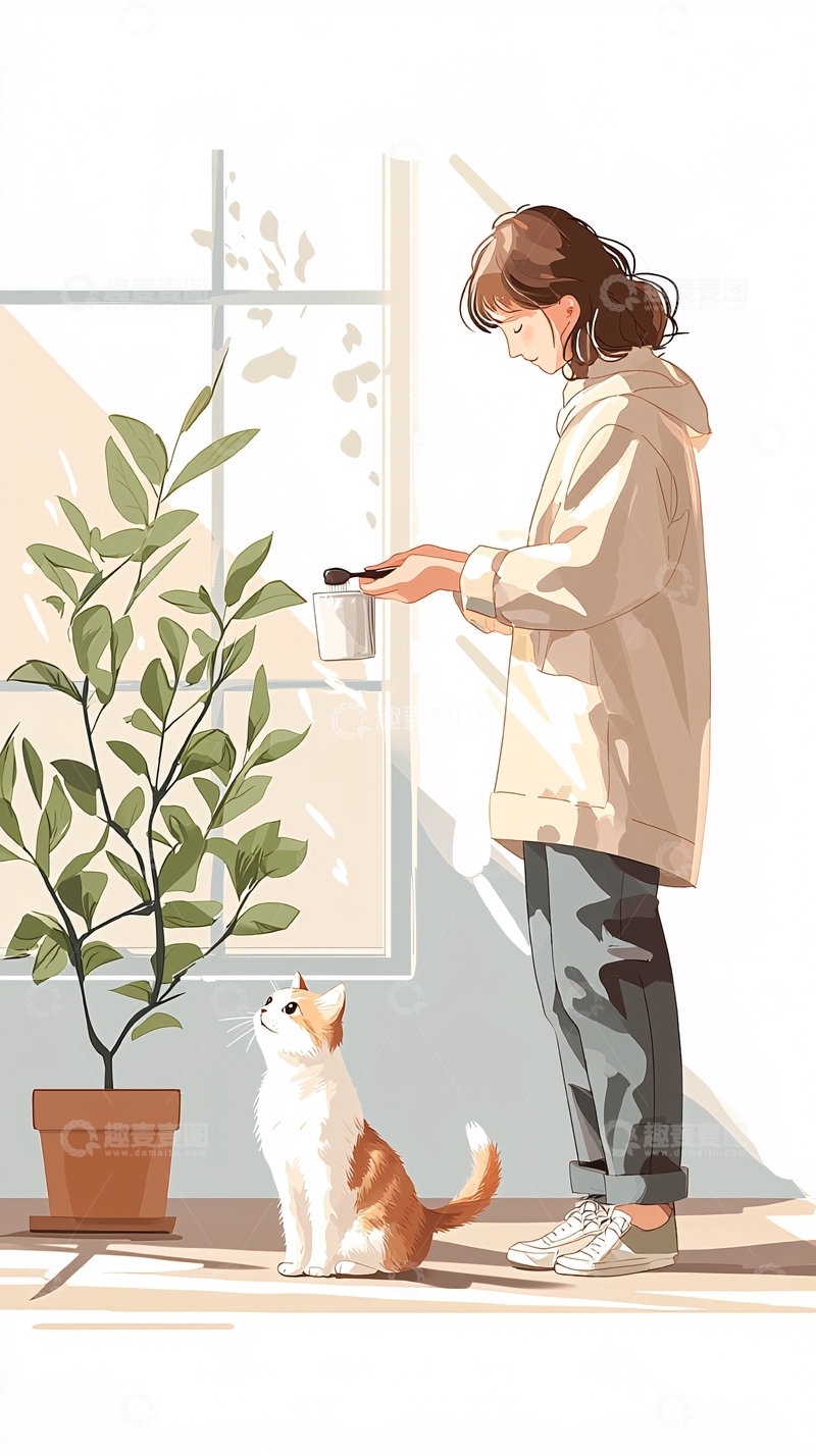 高清大图下载【趣麦麦图】室内阳光下的猫与人