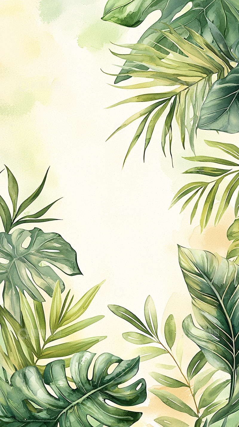 高清大图下载【趣麦麦图】热带植物水彩画背景图