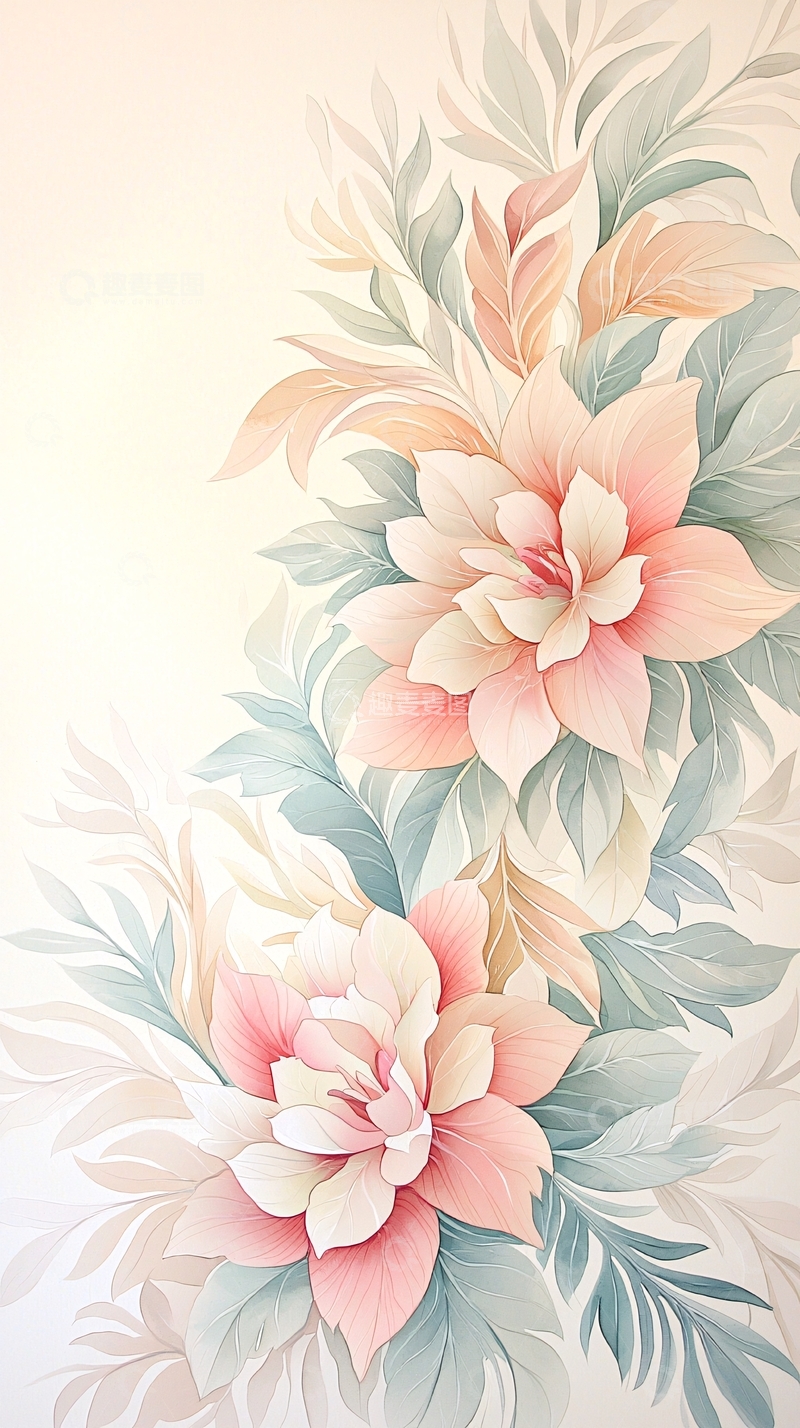 高清大图下载【趣麦麦图】淡雅花卉手绘插画背景图
