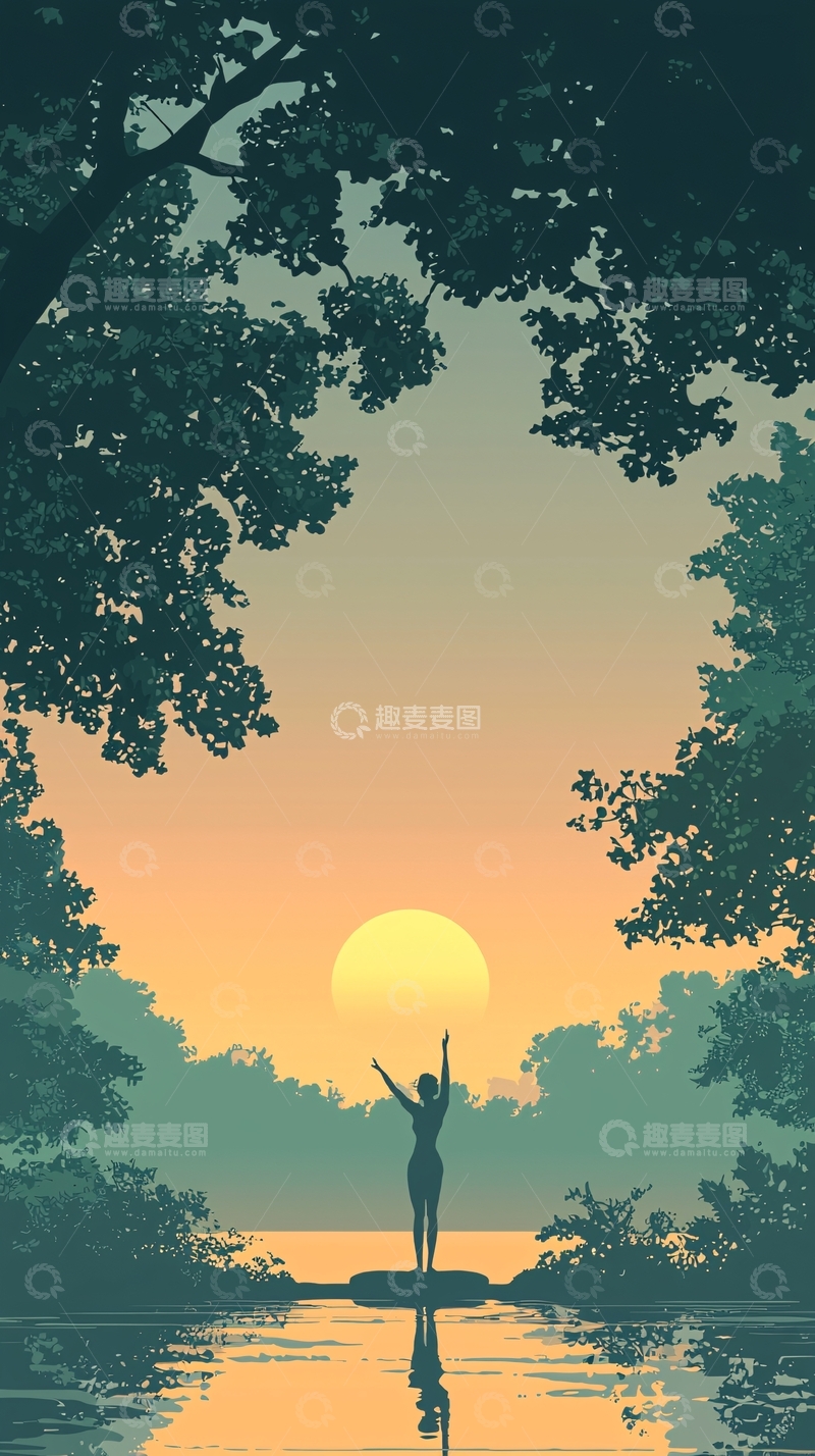 高清大图下载【趣麦麦图】日落湖畔瑜伽女子剪影