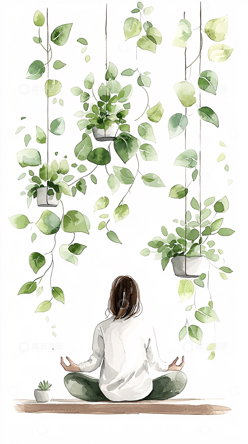 高清大图下载【趣麦麦图】绿植环绕冥想女孩