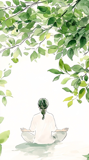 绿叶下冥想的女子
