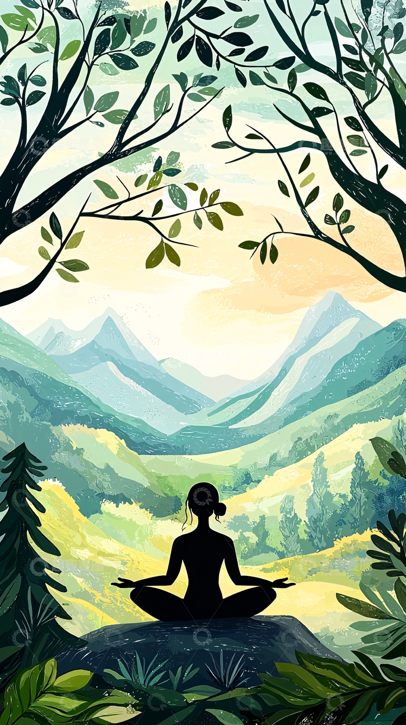 高清大图下载【趣麦麦图】山间冥想瑜伽风景插画