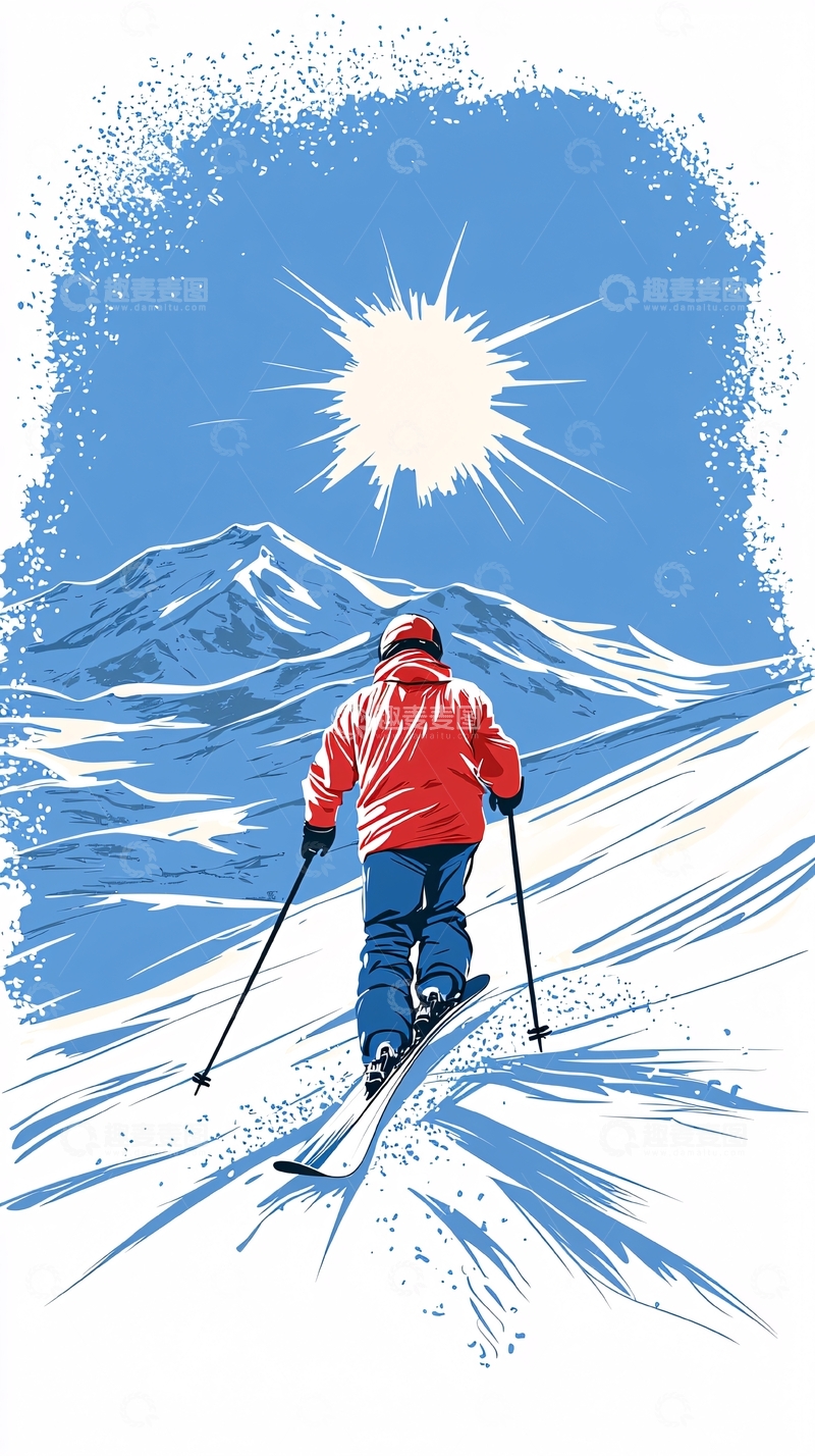 高清大图下载【趣麦麦图】滑雪者在雪山下的背影