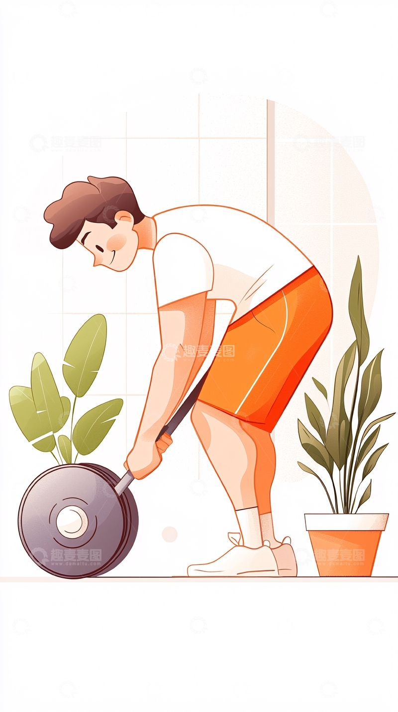 高清大图下载【趣麦麦图】室内健身举重锻炼插画