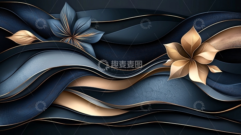 高清大图下载【趣麦麦图】金色花卉与波浪线条背景