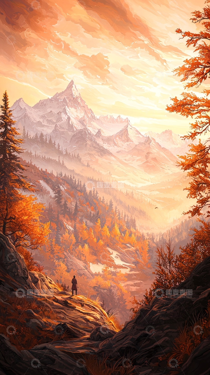 高清大图下载【趣麦麦图】秋日山间徒步旅人