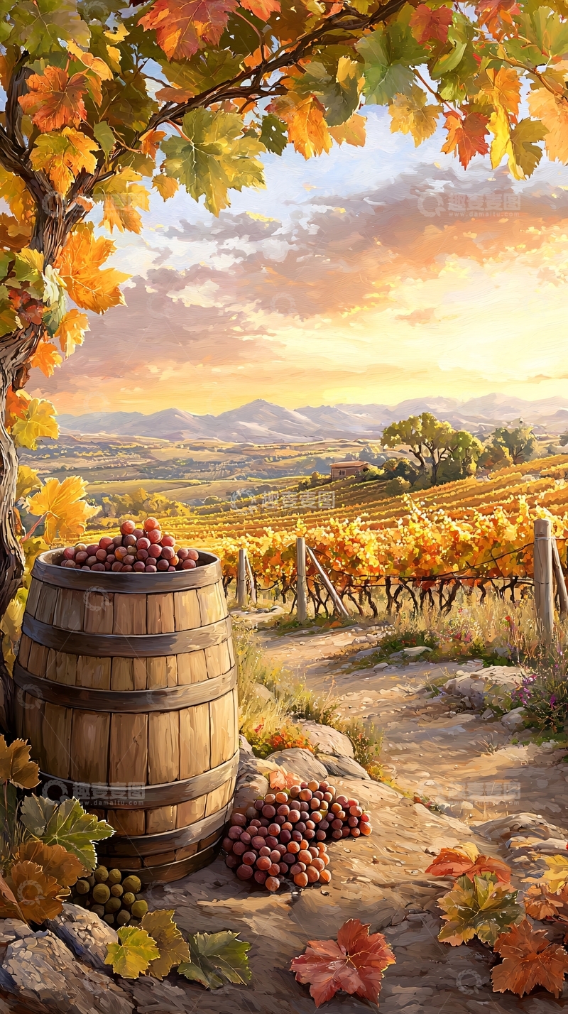 高清大图下载【趣麦麦图】秋日葡萄园与木桶