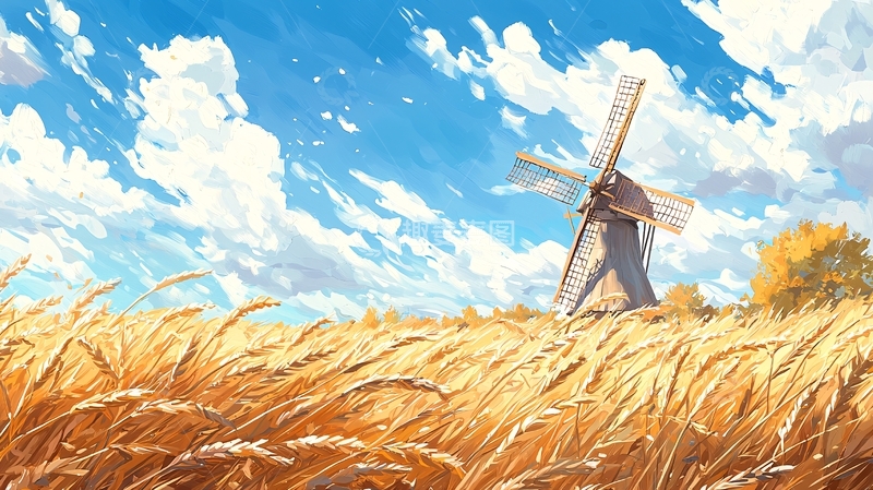 高清大图下载【趣麦麦图】风车与麦田的田园风光