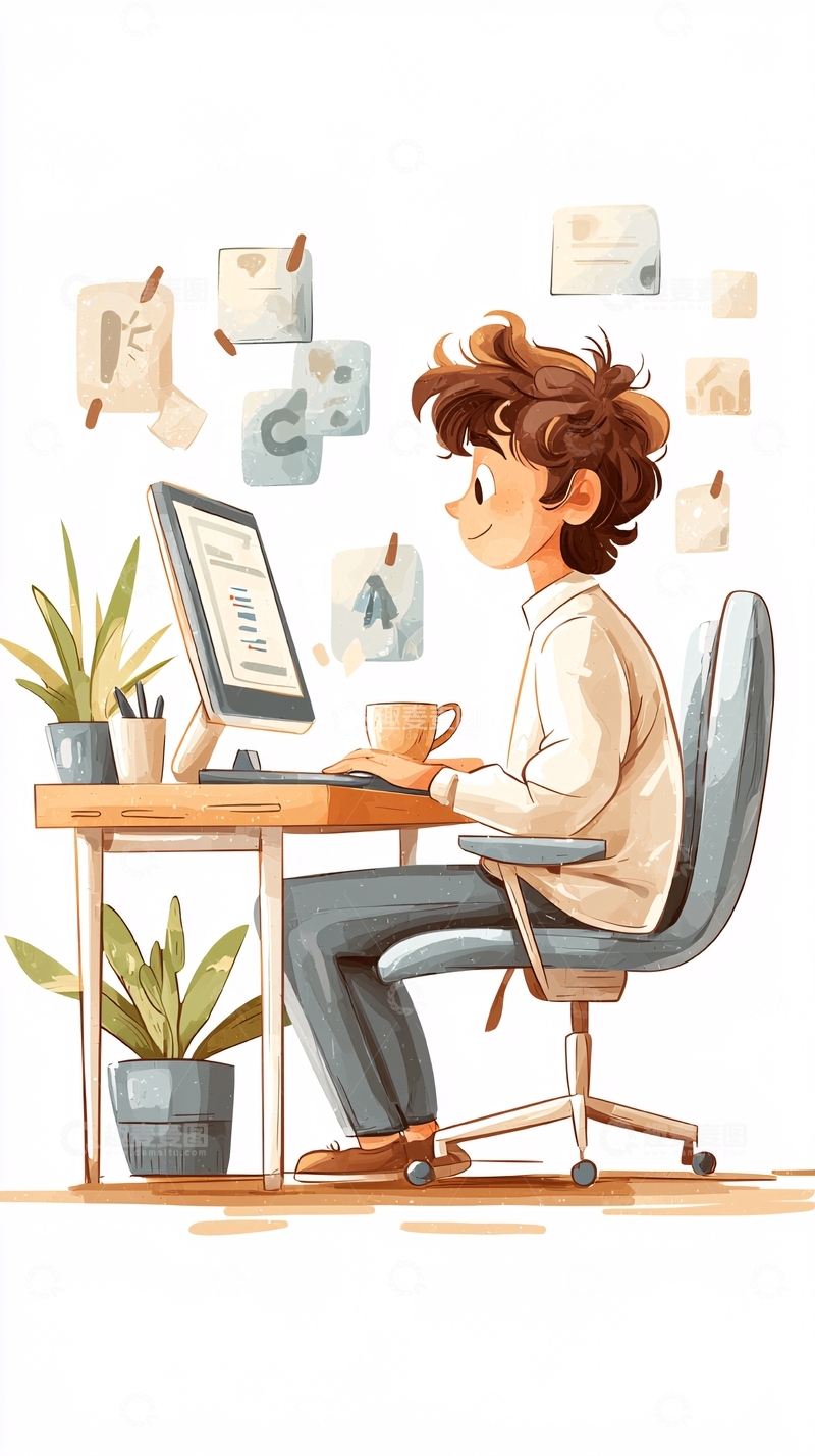 高清大图下载【趣麦麦图】温馨办公室工作场景插画