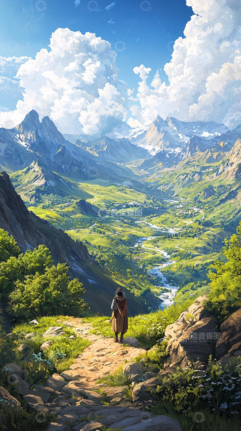 高清大图下载【趣麦麦图】山间小径上的旅人