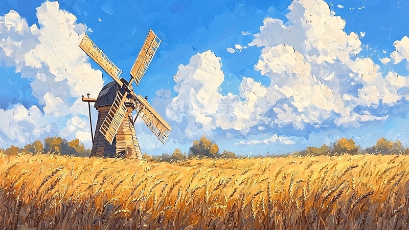 高清大图下载【趣麦麦图】金色麦田与风车