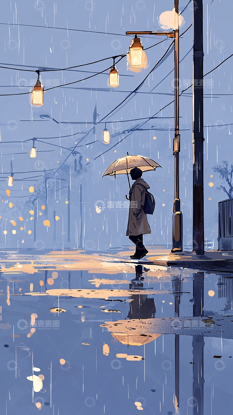 高清大图下载【趣麦麦图】雨中漫步的孤独背影