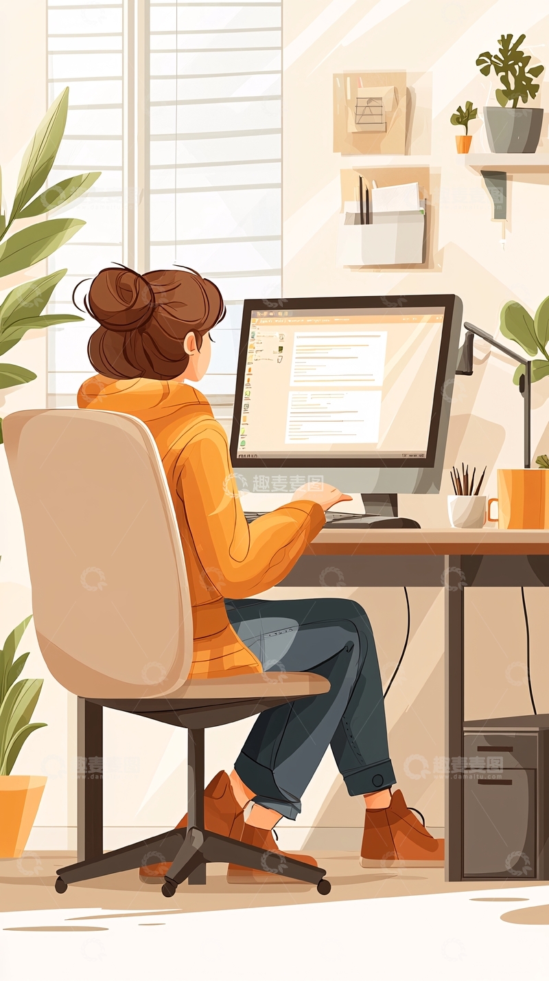 高清大图下载【趣麦麦图】温馨办公室工作场景插画