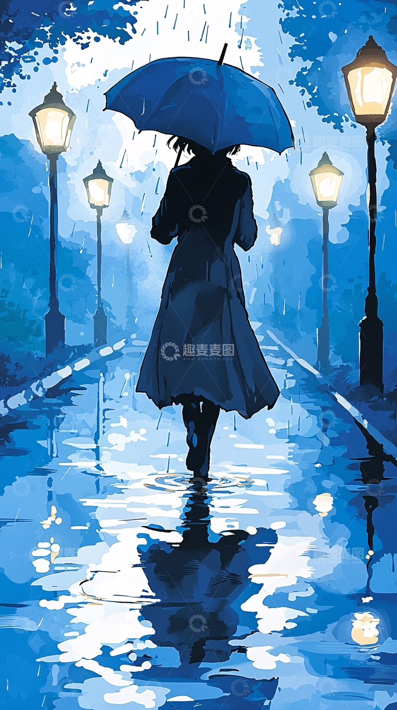 高清大图下载【趣麦麦图】雨中漫步的蓝色伞影