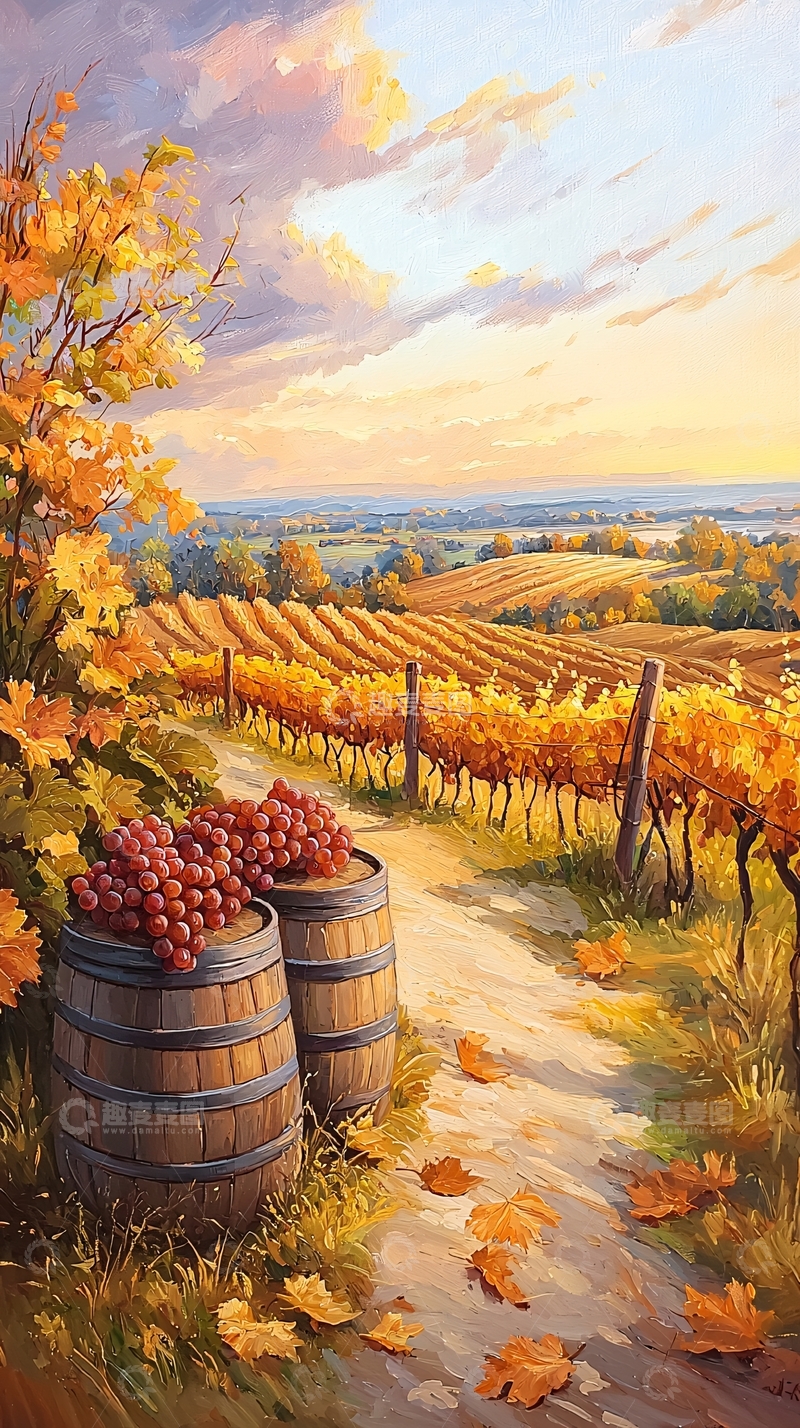 高清大图下载【趣麦麦图】秋日葡萄园与木桶