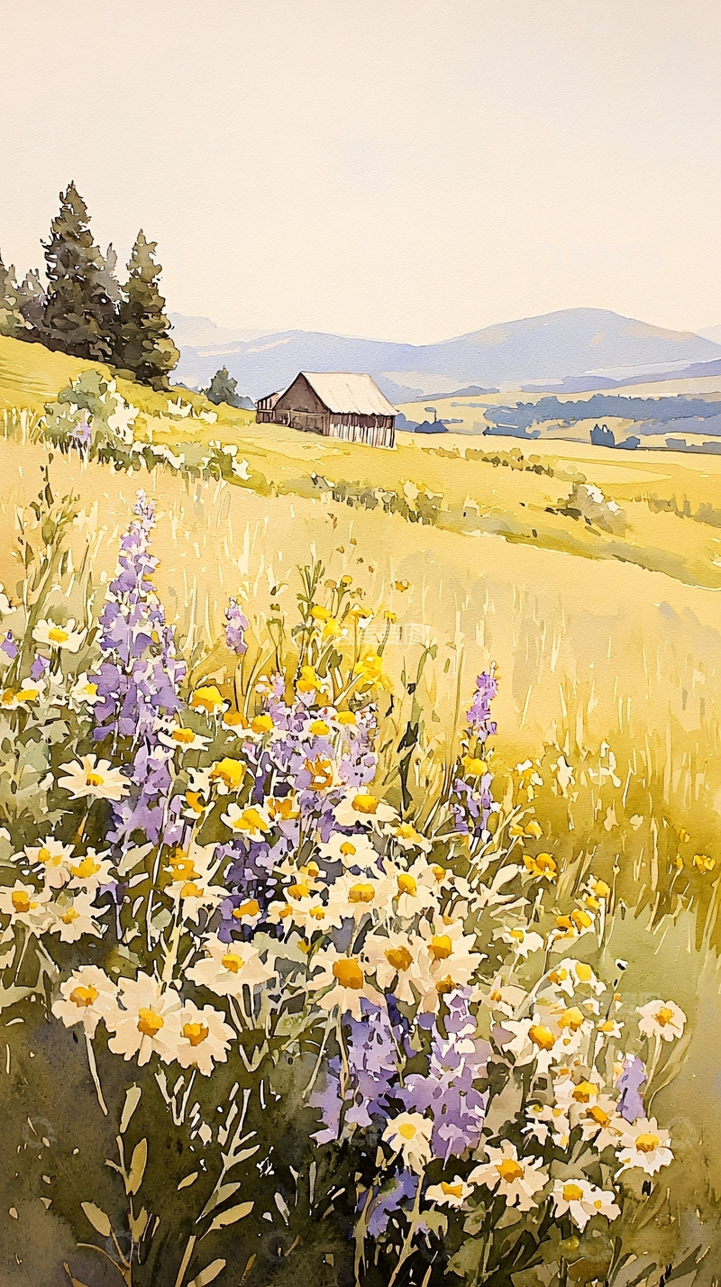 高清大图下载【趣麦麦图】夏日田野上的野花与老屋