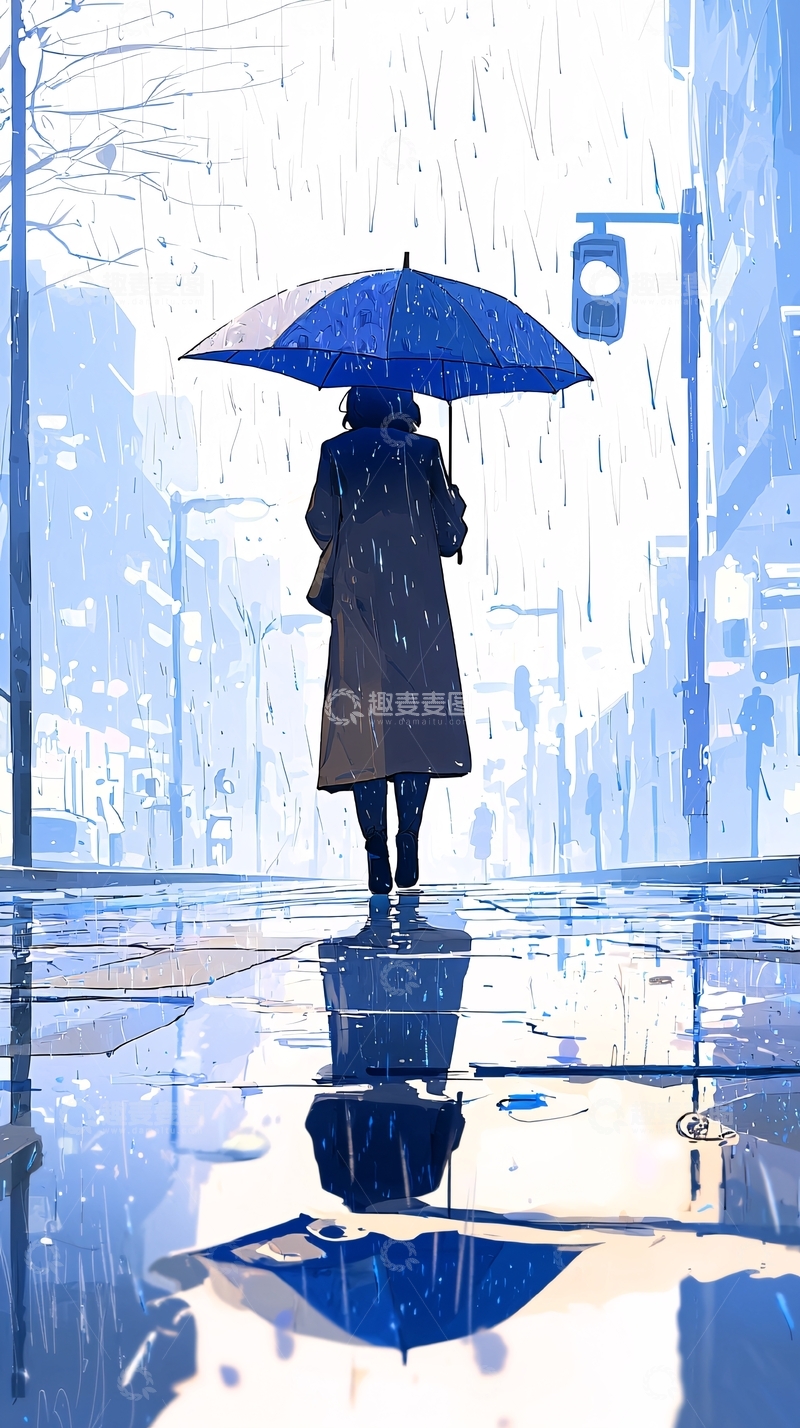 高清大图下载【趣麦麦图】雨中撑伞的孤独背影