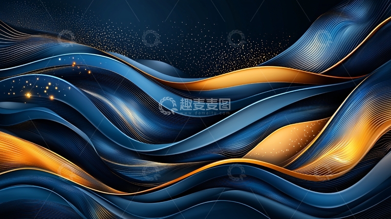 高清大图下载【趣麦麦图】蓝色波浪与金色线条的艺术背景