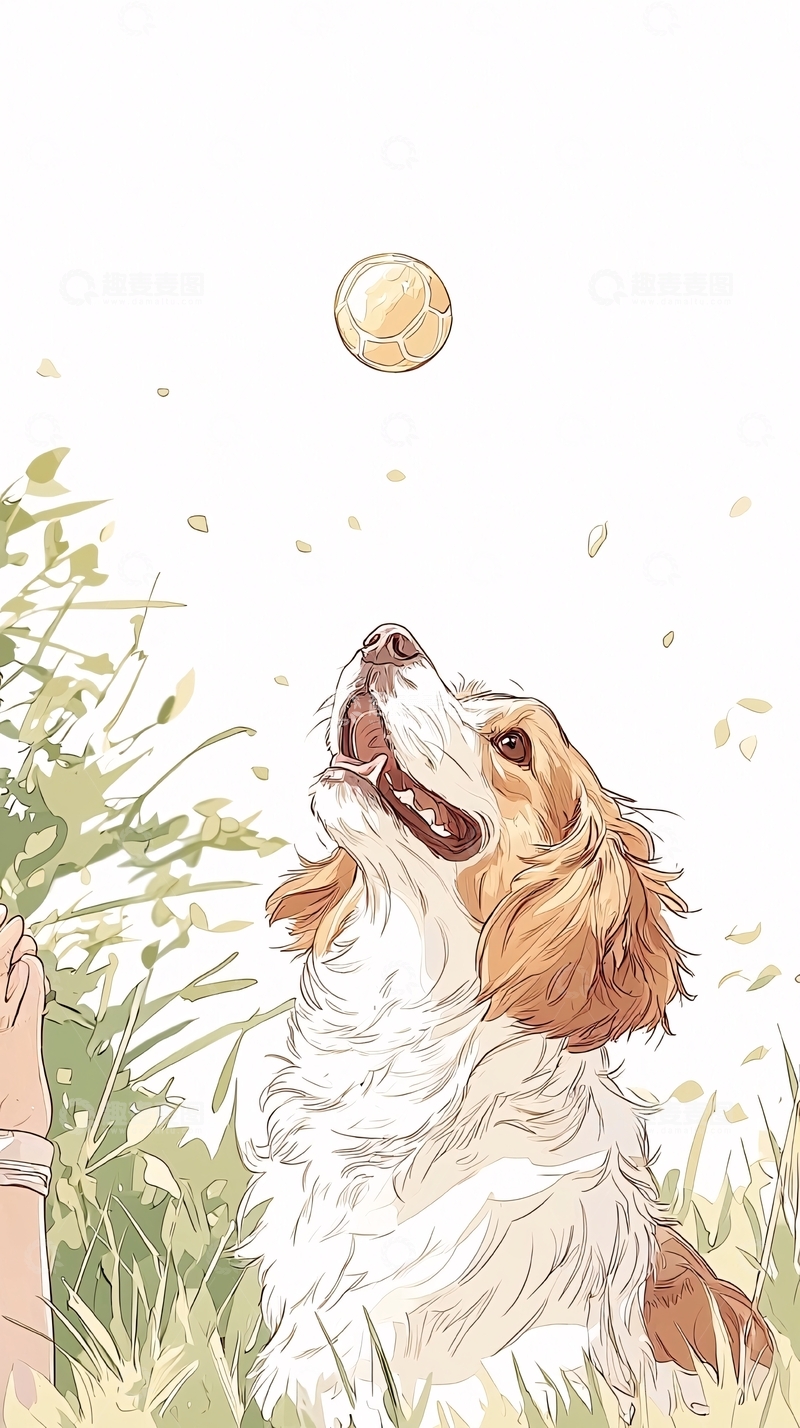 高清大图下载【趣麦麦图】秋日草地上的狗与足球