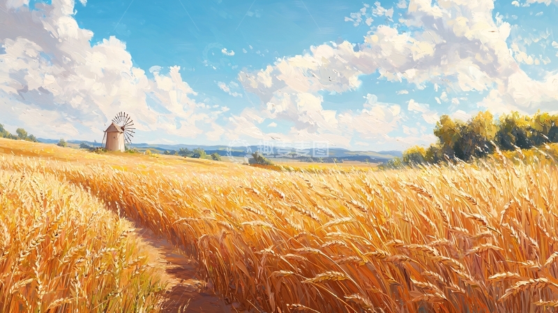 高清大图下载【趣麦麦图】金色麦田与风车的田园风光