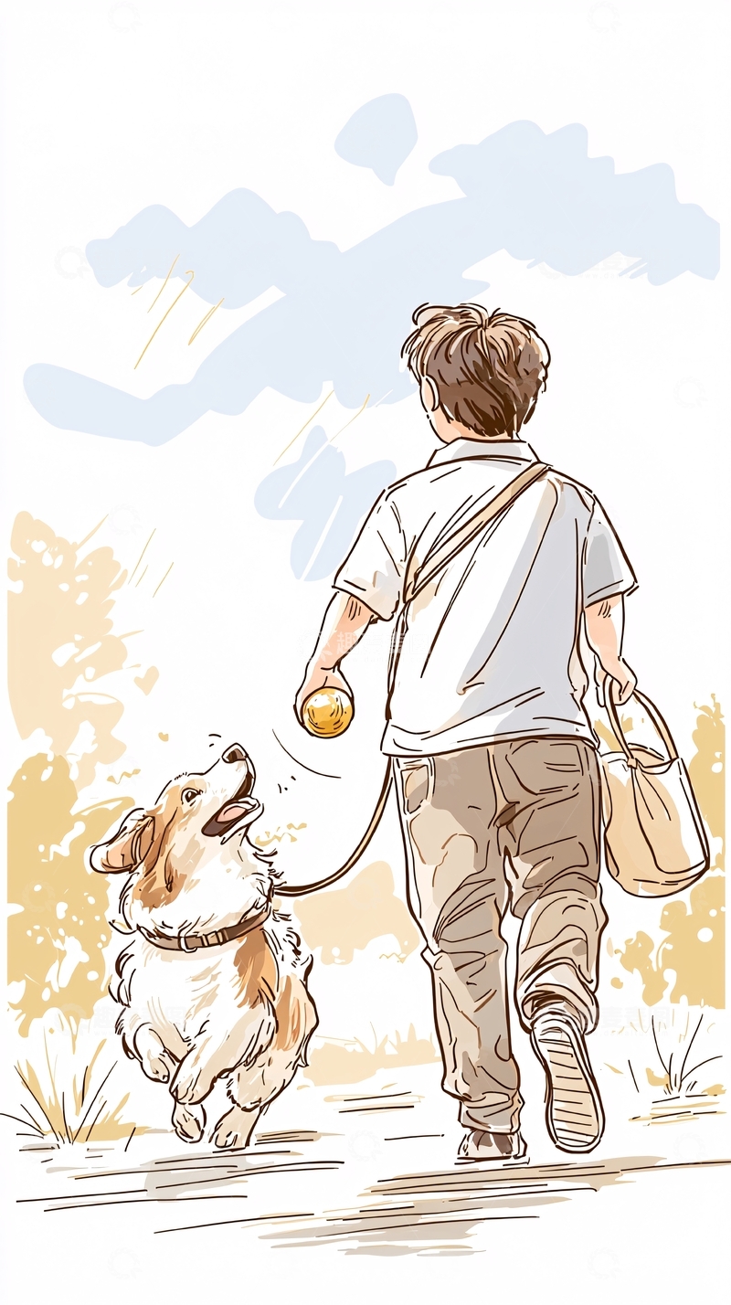 高清大图下载【趣麦麦图】散步中的男人与狗