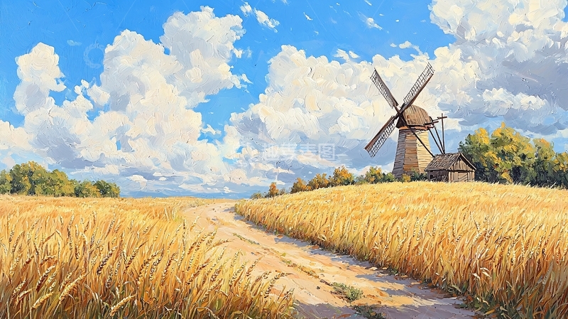 高清大图下载【趣麦麦图】金色麦田与风车的田园风光