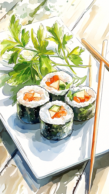 寿司卷与香菜水彩画