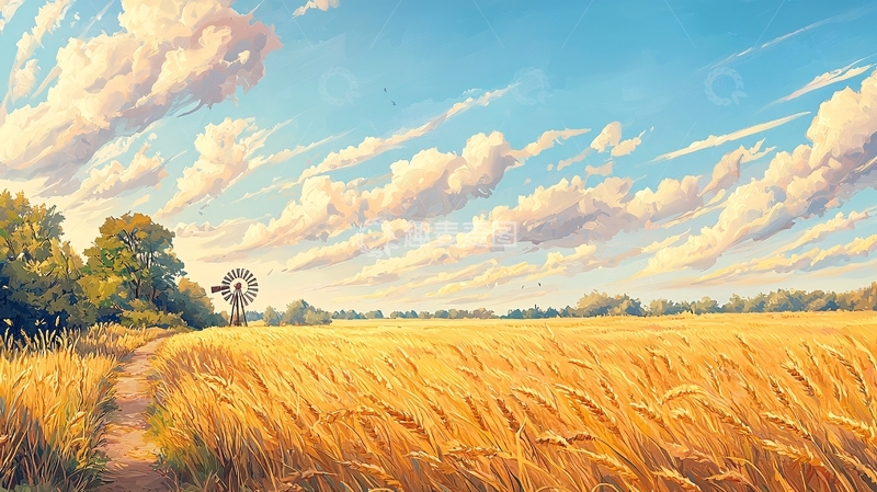 高清大图下载【趣麦麦图】金色麦田与风车的田园风光