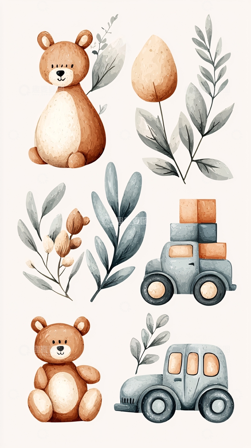 高清大图下载【趣麦麦图】卡通熊与玩具车插画素材