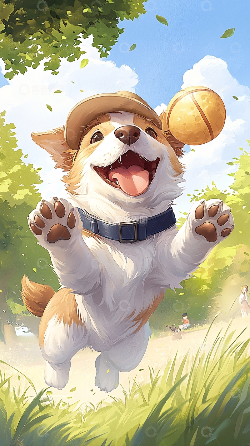 高清大图下载【趣麦麦图】快乐小狗追逐篮球