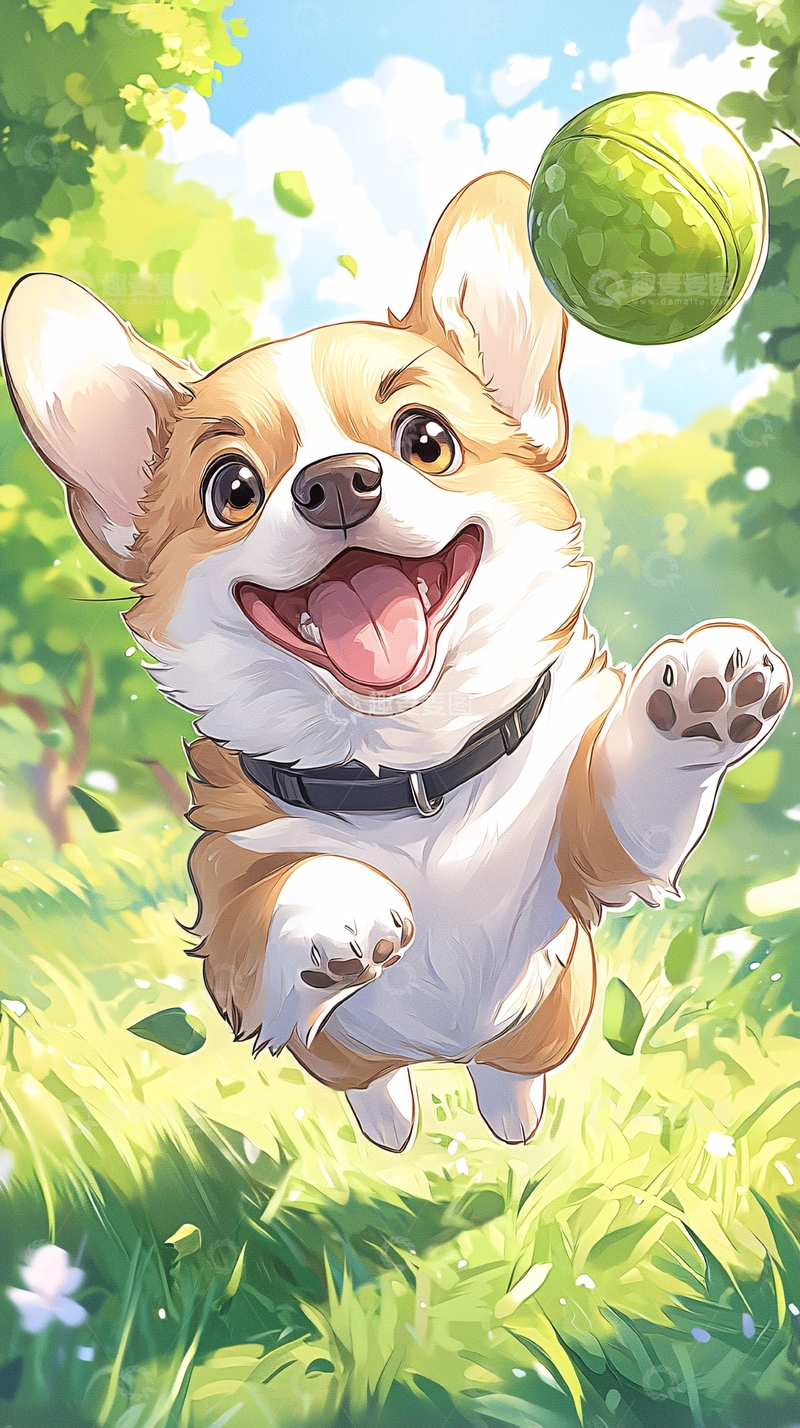 高清大图下载【趣麦麦图】快乐小狗追逐网球