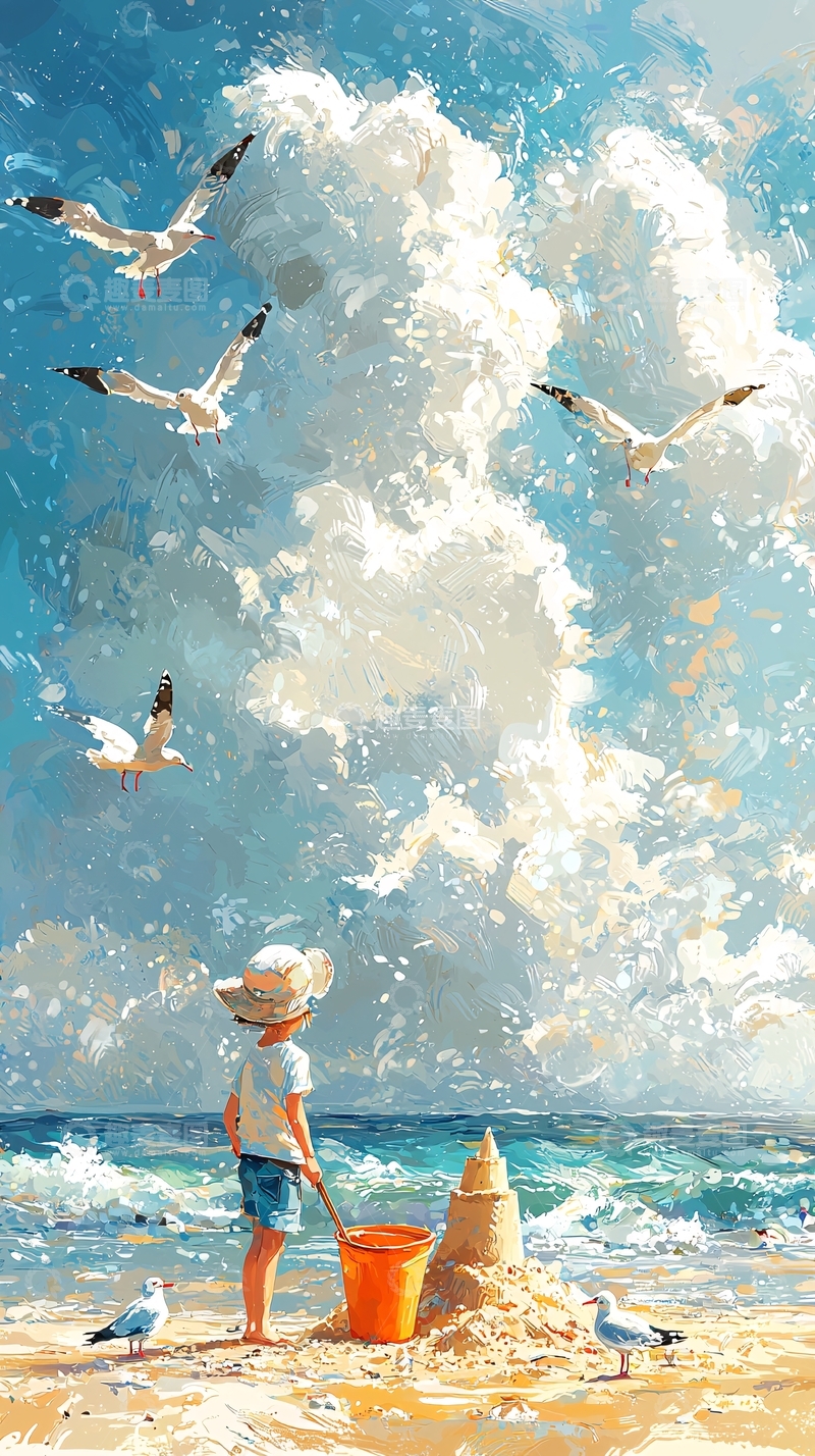 高清大图下载【趣麦麦图】海边玩耍的小孩与海鸥