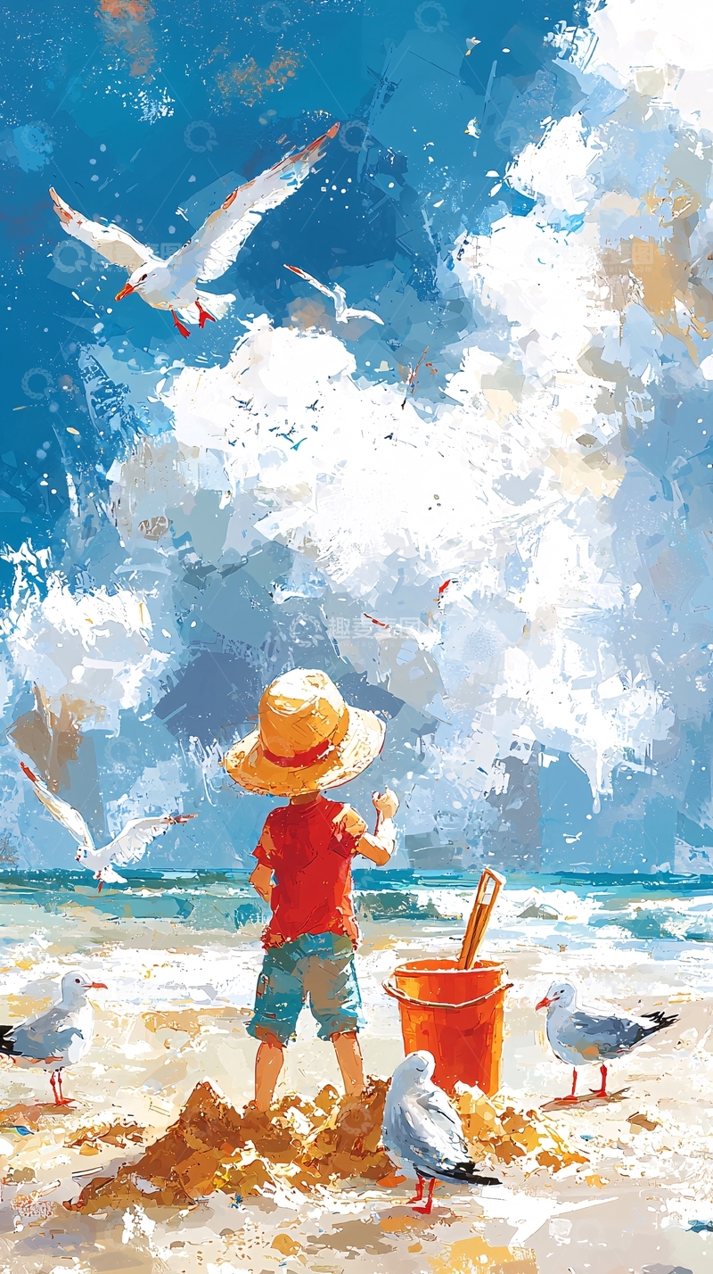 高清大图下载【趣麦麦图】海滩上的小男孩与海鸥