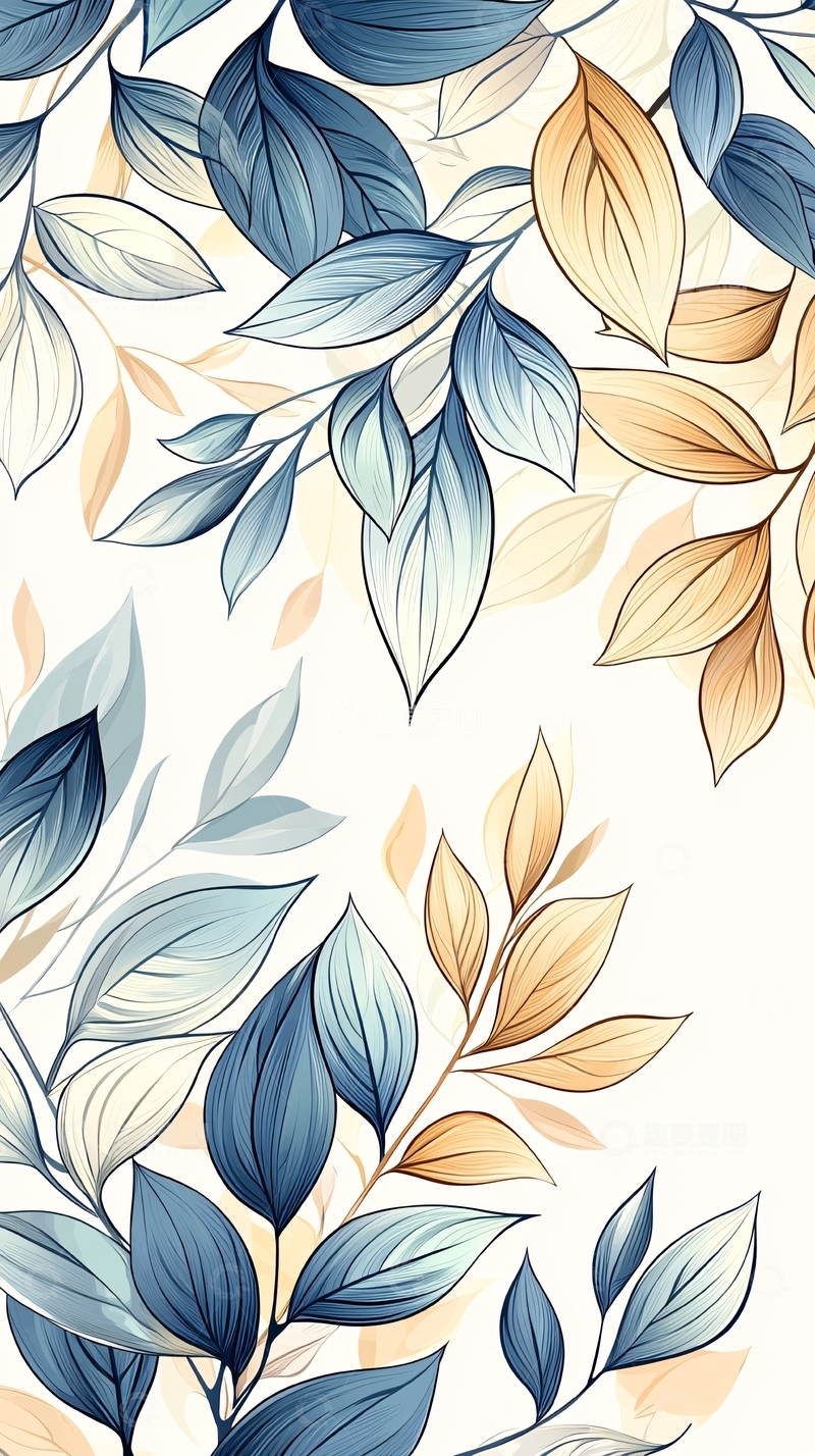 高清大图下载【趣麦麦图】蓝色叶子花卉图案背景