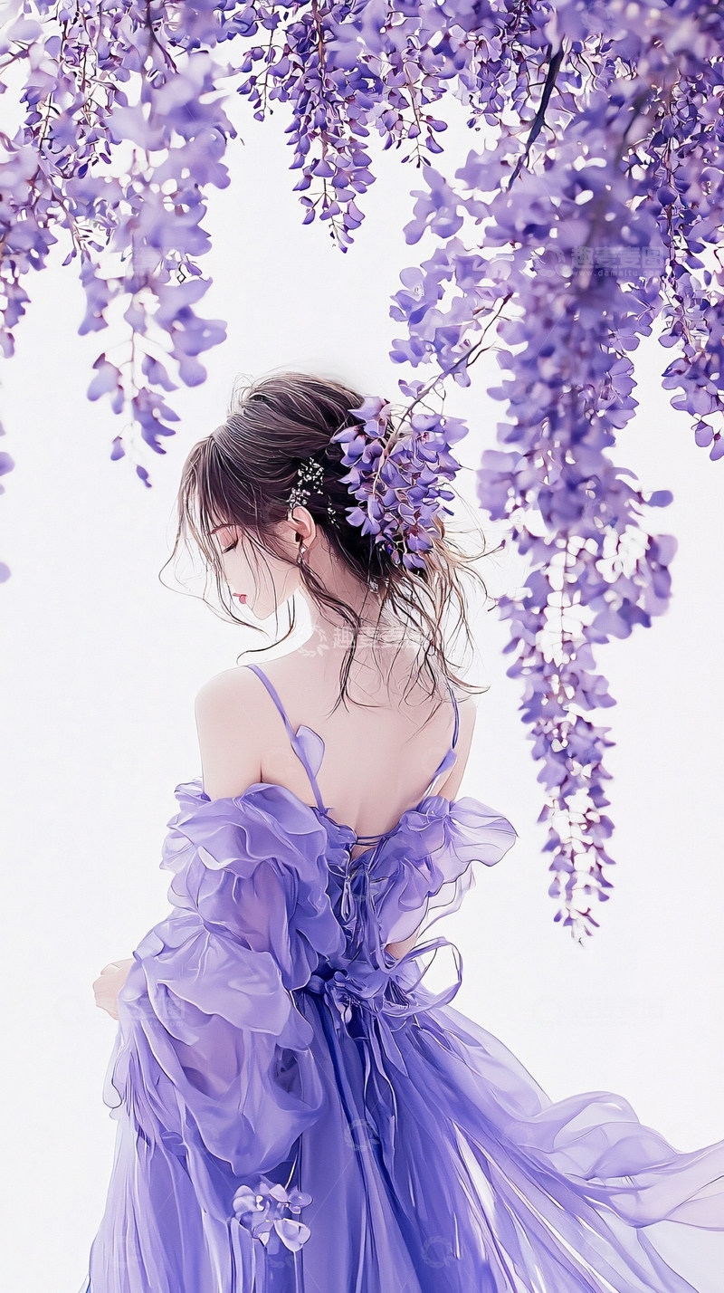 高清大图下载【趣麦麦图】紫色藤蔓下的梦幻少女