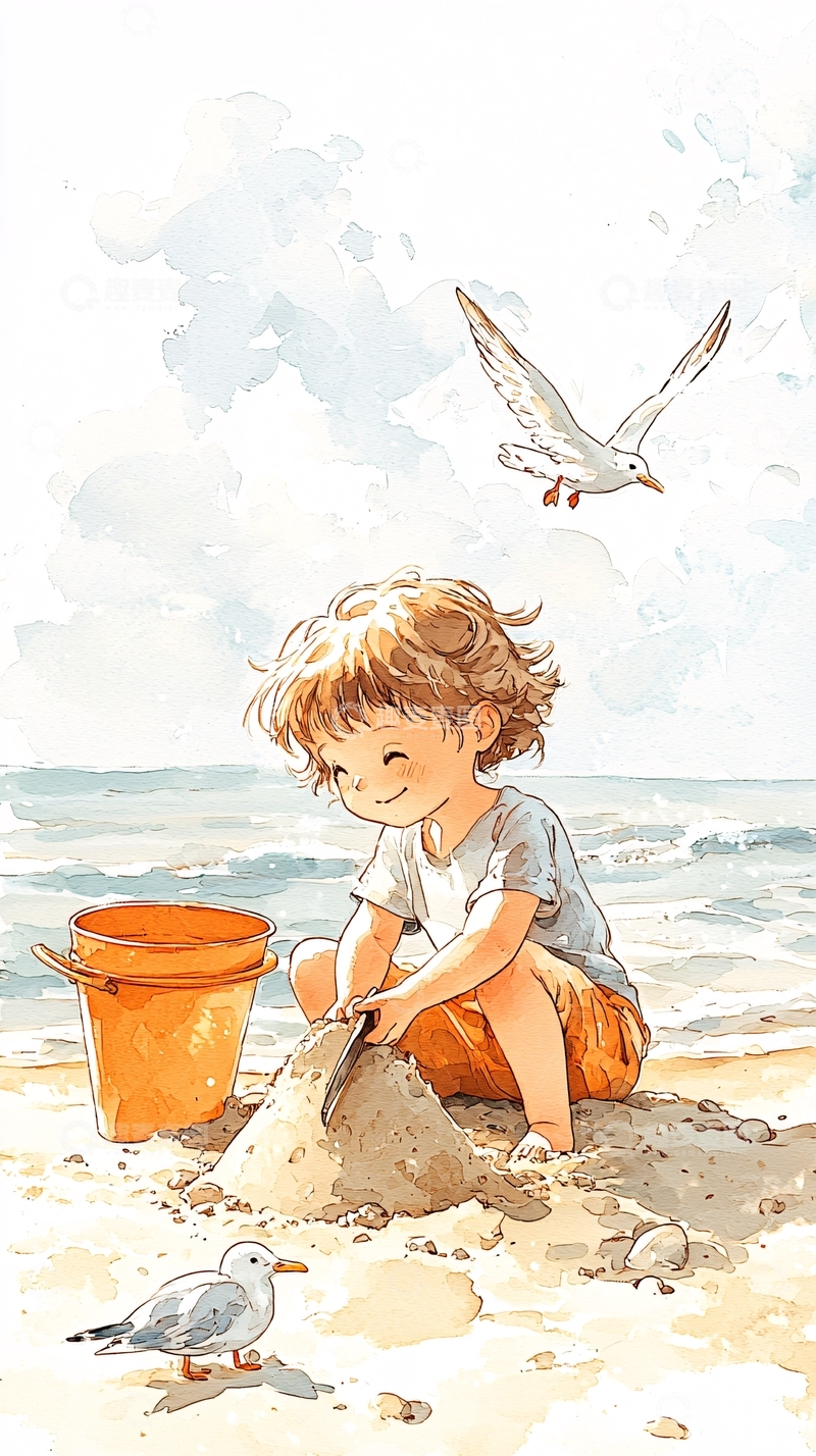 高清大图下载【趣麦麦图】海边玩耍的小孩