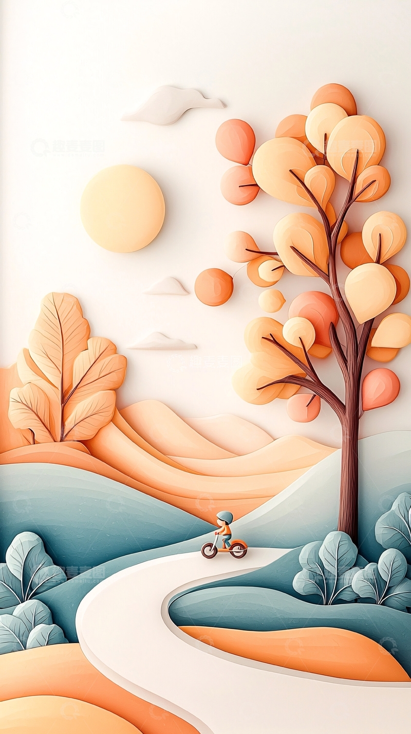 高清大图下载【趣麦麦图】秋日骑行风景插画